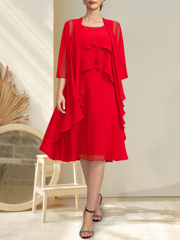 A-Linien-Chiffonkleid mit Rundhalsausschnitt und Perlenstickerei, knielang, für die Mutter der Braut