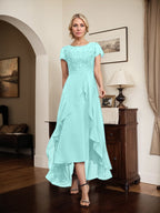 A-Linien-Kleid mit asymmetrischem Chiffon-Spitzenausschnitt, Schleife, Rüschen und Pailletten für die Mutter der Braut 