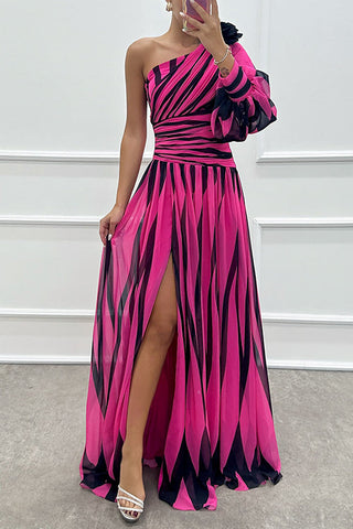 Meridress One Shoulder Waisted Slit Printed Maxi Dress