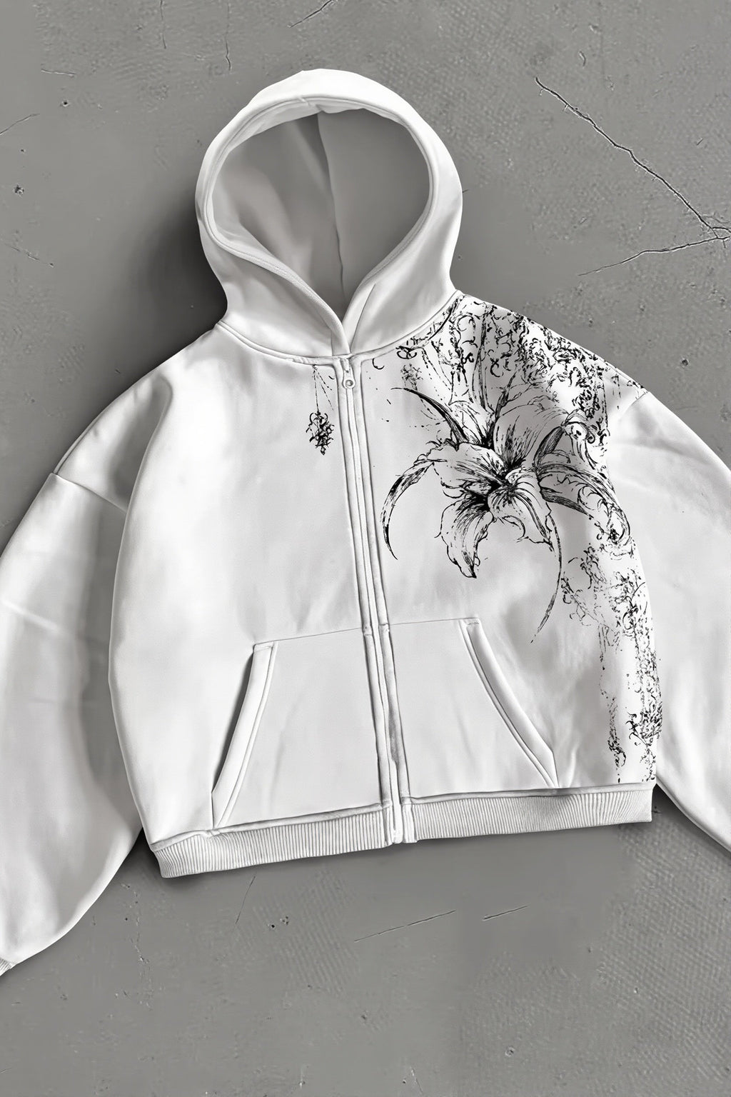 Floral Print Fleece Zip Up Hoodie