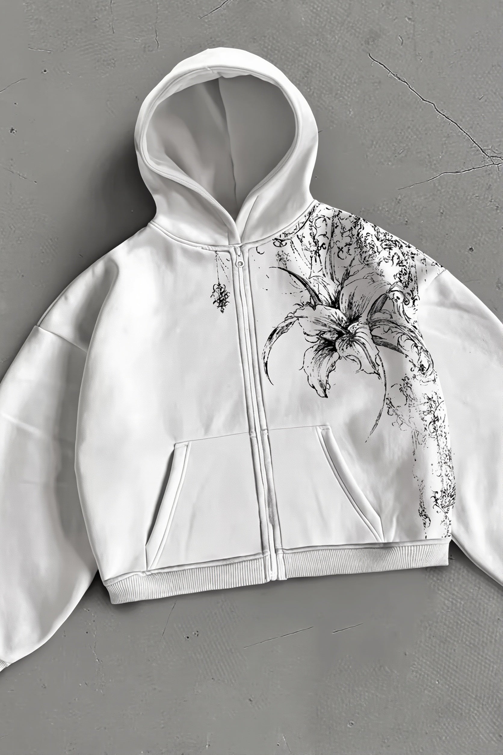 Floral Print Fleece Zip Up Hoodie