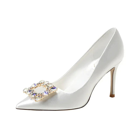 Zapatos de novia de satén blanco puro con cristales y diamantes de imitación, tacones grandes, para boda 