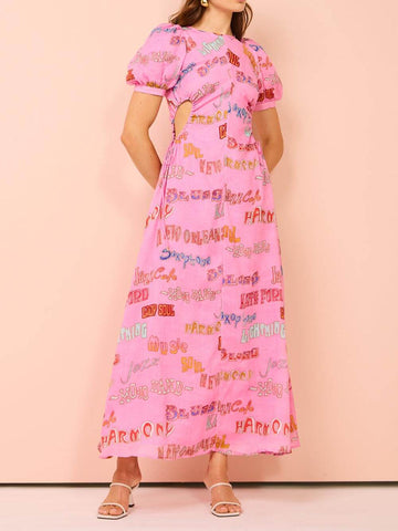 Vestido midi con estampado único, mangas abullonadas y cintura con cordón