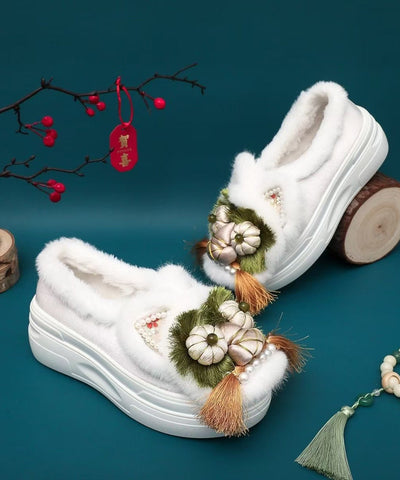 Zapatos planos de plataforma con borlas y cuentas, hechos a mano, con forro de lana afelpada color café 