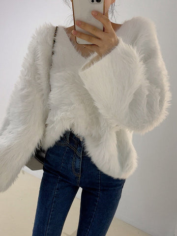 Suéter de cuello en V, suelto, de color liso y manga larga, de creación original 