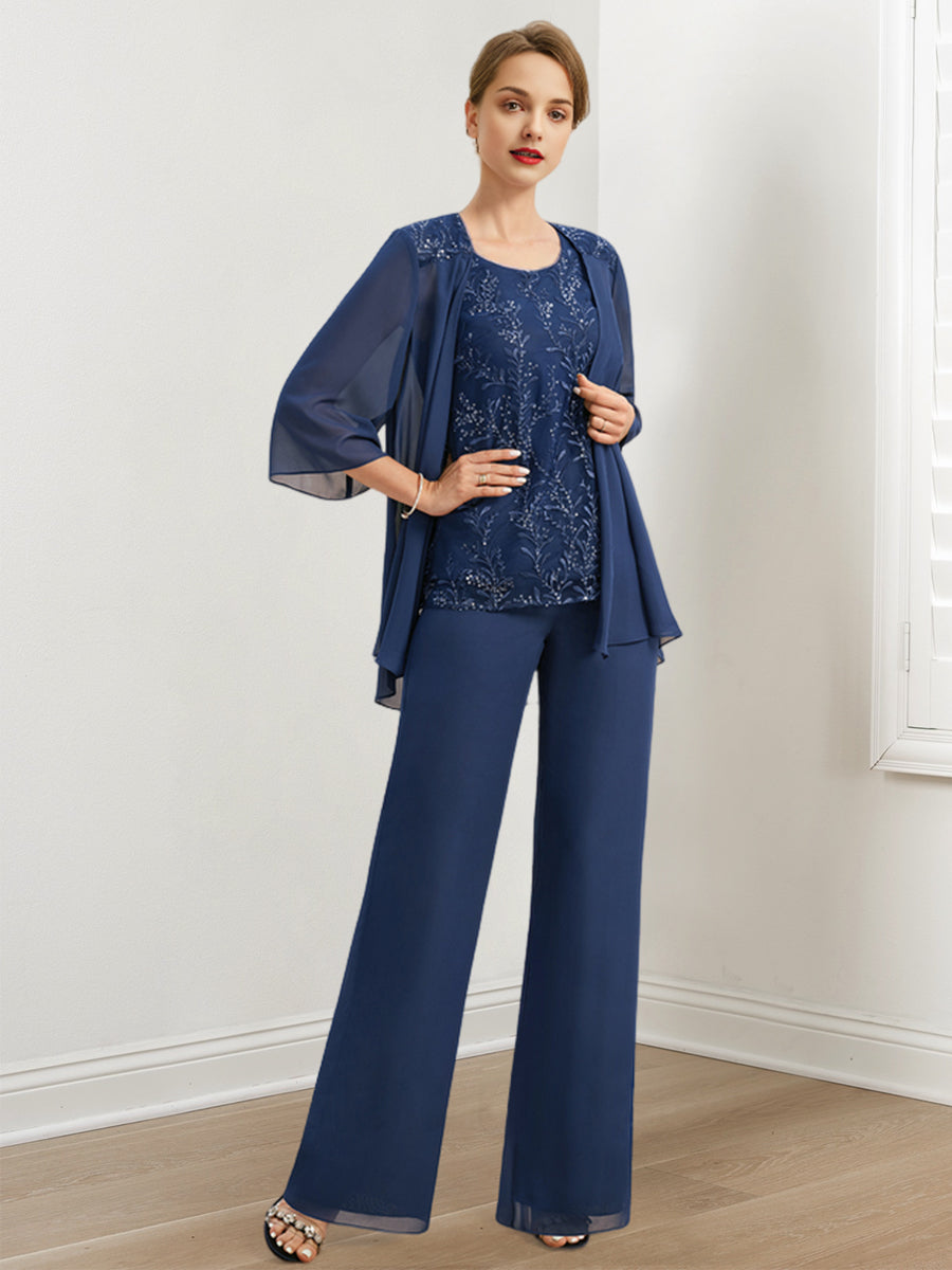 Chiffon-Hosenanzug für die Mutter der Braut mit Pailletten und Jacke 