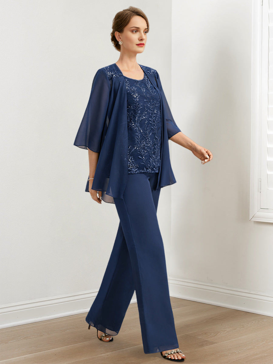 Chiffon-Hosenanzug für die Mutter der Braut mit Pailletten und Jacke 