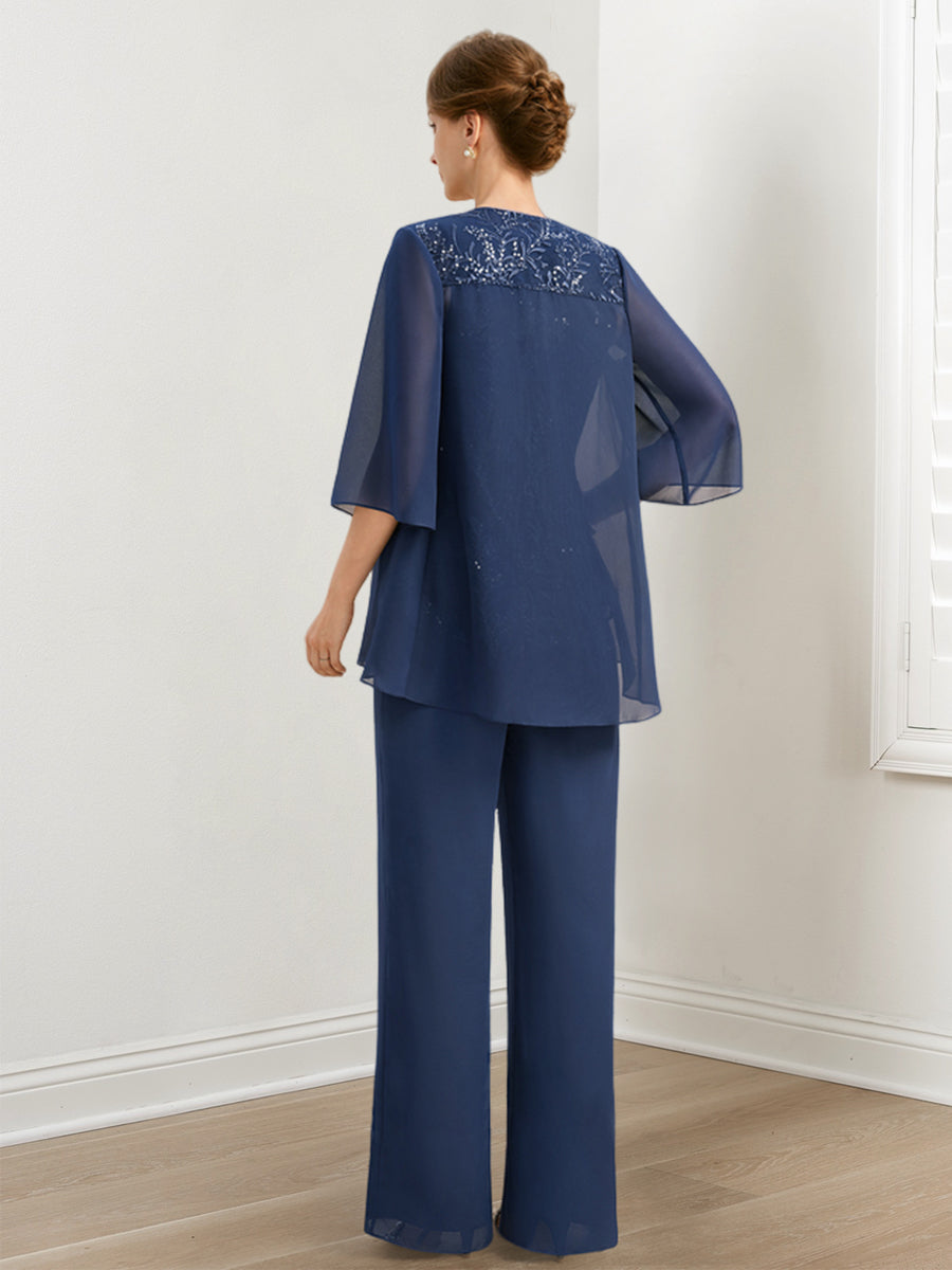 Chiffon-Hosenanzug für die Mutter der Braut mit Pailletten und Jacke 