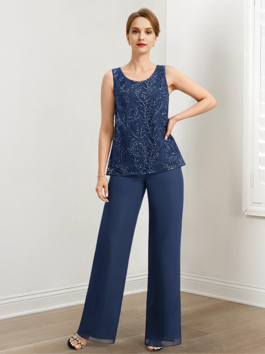 Chiffon-Hosenanzug für die Mutter der Braut mit Pailletten und Jacke 