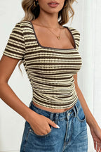 Striped Patchwork Slim U-Neck T-shirt