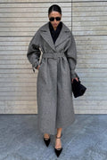 Longline Wool Blend Tie Waist Loose Elegant Overcoat