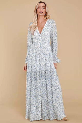 Floral Puff Sleeve V-Neck Ruffle Hem Maxi Dress