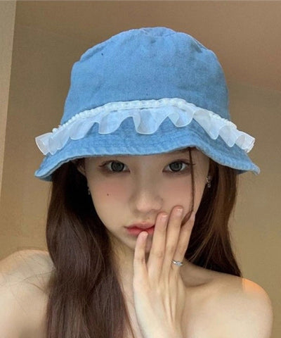 Sombrero de pescador vaquero con cuentas y encaje de moda, versátil 