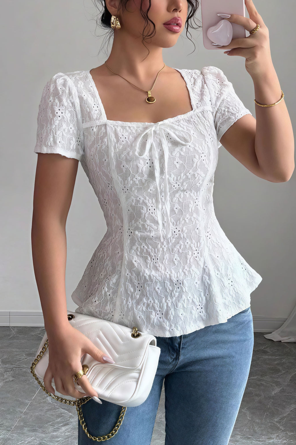 Square Neck Bow Lace Short Sleeve Blouse