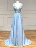 A-Linien-Abendkleid aus Chiffon mit tiefem V-Ausschnitt und Spitze