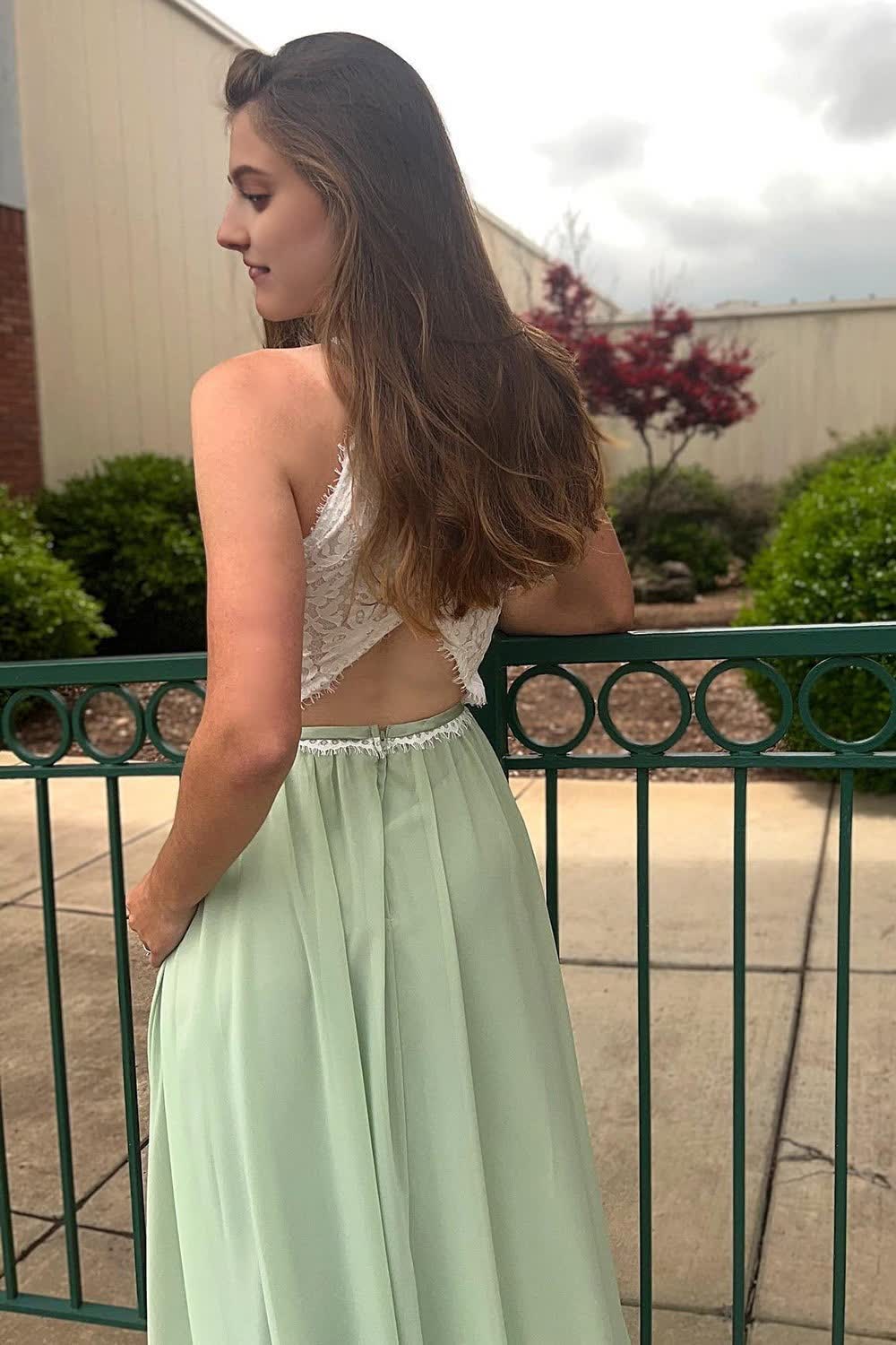 Vestido de fiesta de chifón con cuello halter y encaje ligero