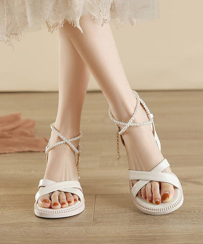 French Apricot Chunky Heel Cross Strap Sandals Peep Toe Nail Bead