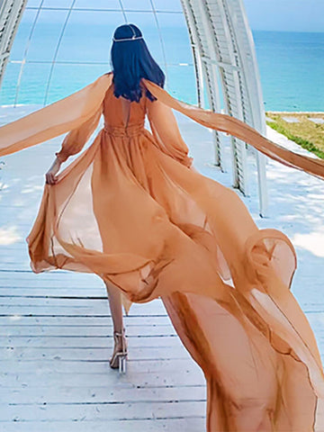 White Maxi Dress Long Sleeves Crepe Chiffon Beach Wedding Dress