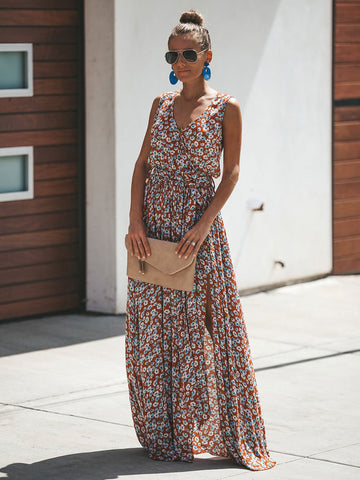 Vestido maxi floral sin mangas con cuello en V y abertura para verano 