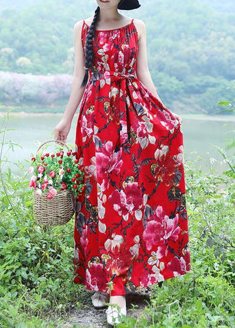 Vestidos largos de verano sin mangas, 100 % lino rojo con estampado floral 