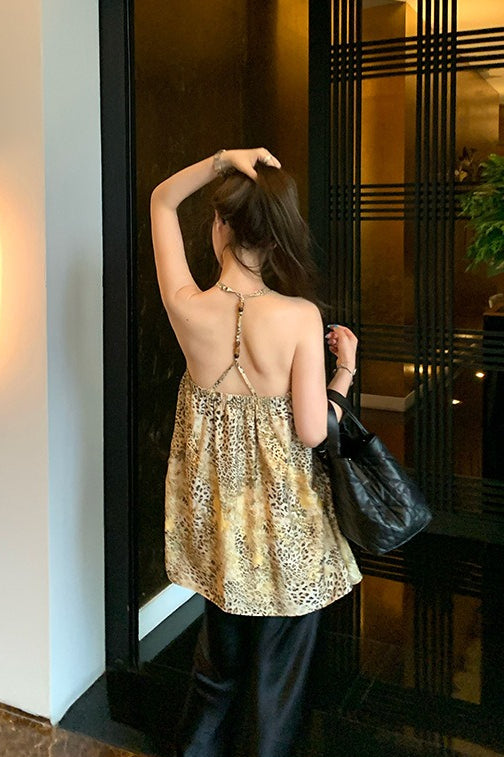 Chiffon V Neck Leopard Print Beaded Cami Top