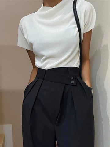 Loose Short Sleeves Solid Color Halter-Neck T-Shirts Tops