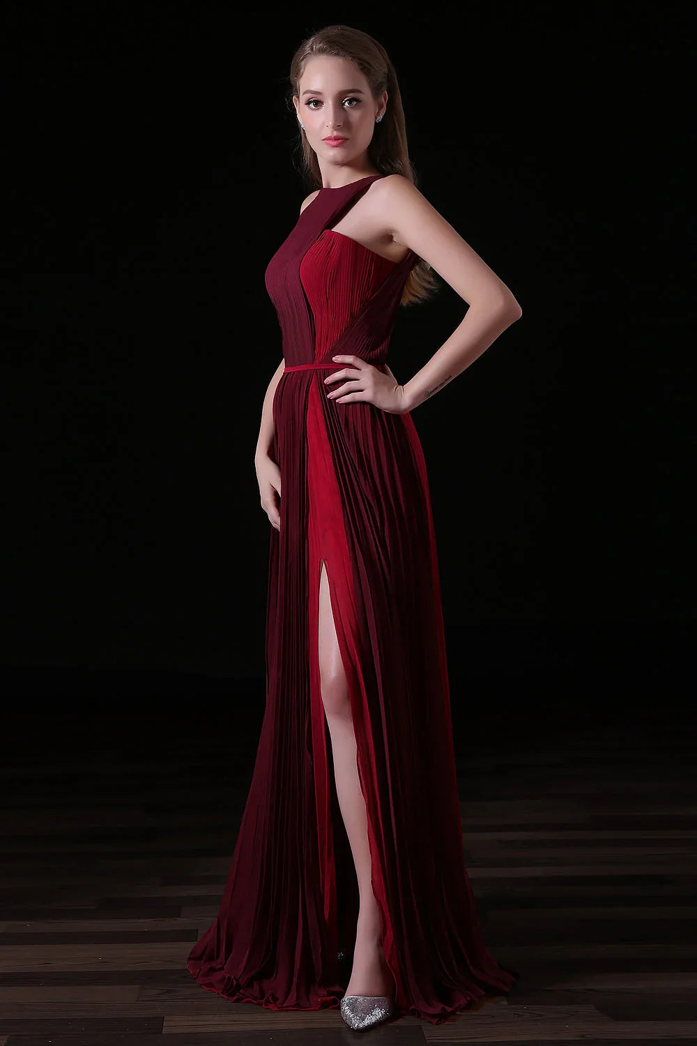 Pleat Draped Side Slit Off Shoulder Zipper Bridesmaid Dresses