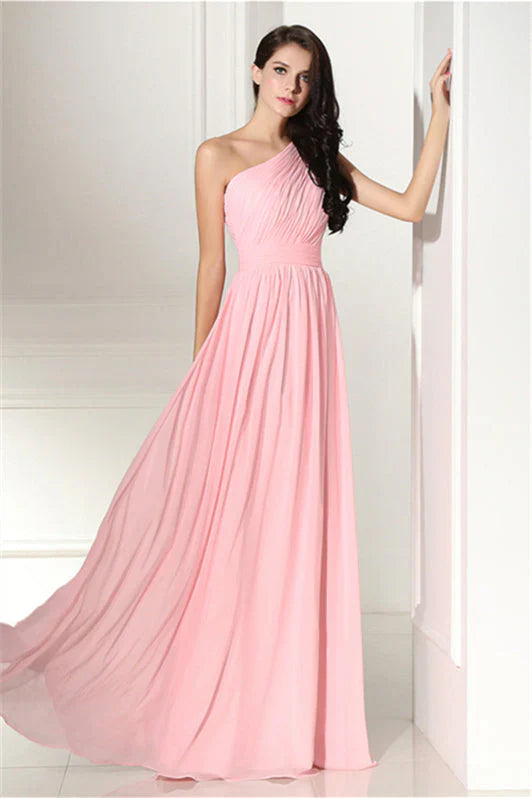 Chiffon-Brautjungfernkleider lang, One Shoulder