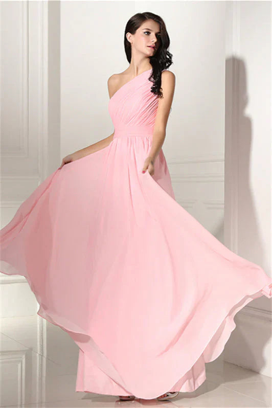 Chiffon-Brautjungfernkleider lang, One Shoulder