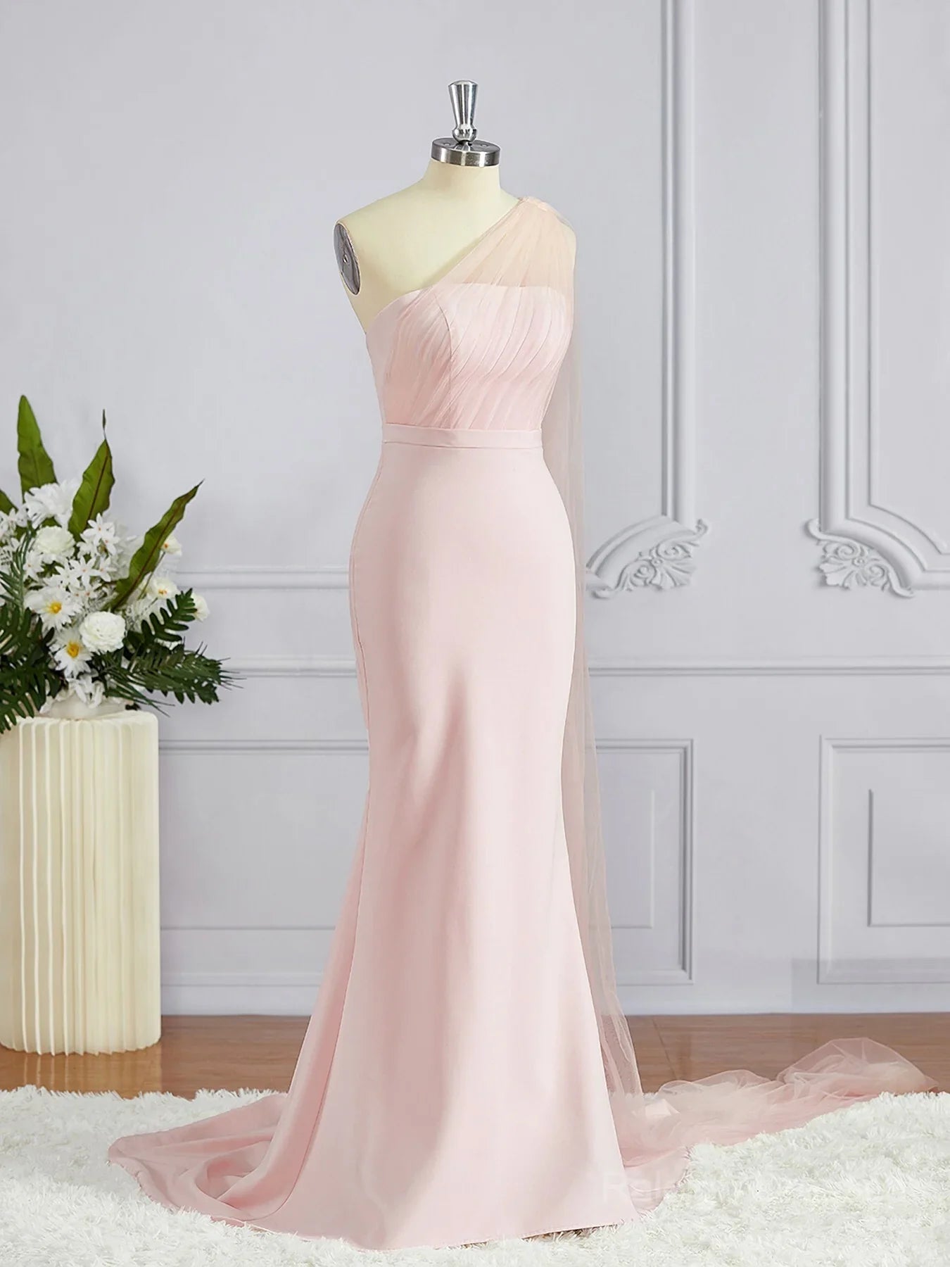 Vestidos de dama de honor de crepé elástico con cola larga y un solo hombro 