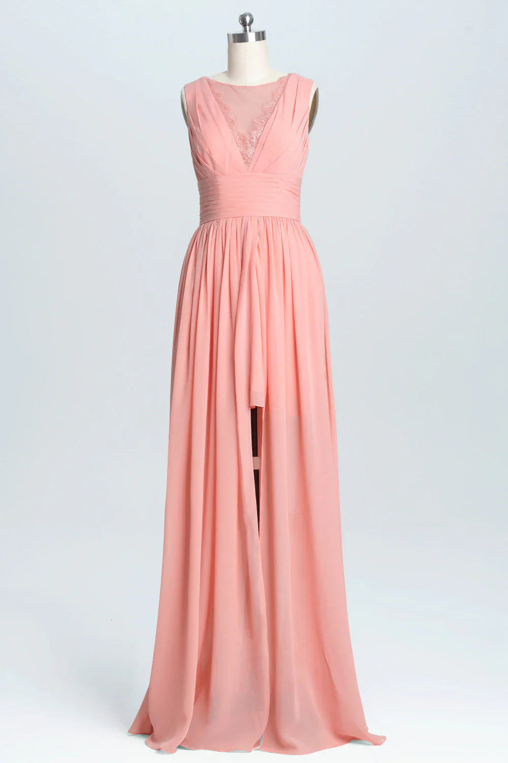 Korallenfarbenes, langes Brautjungfernkleid im Empire-Stil aus Chiffon in A-Linie 