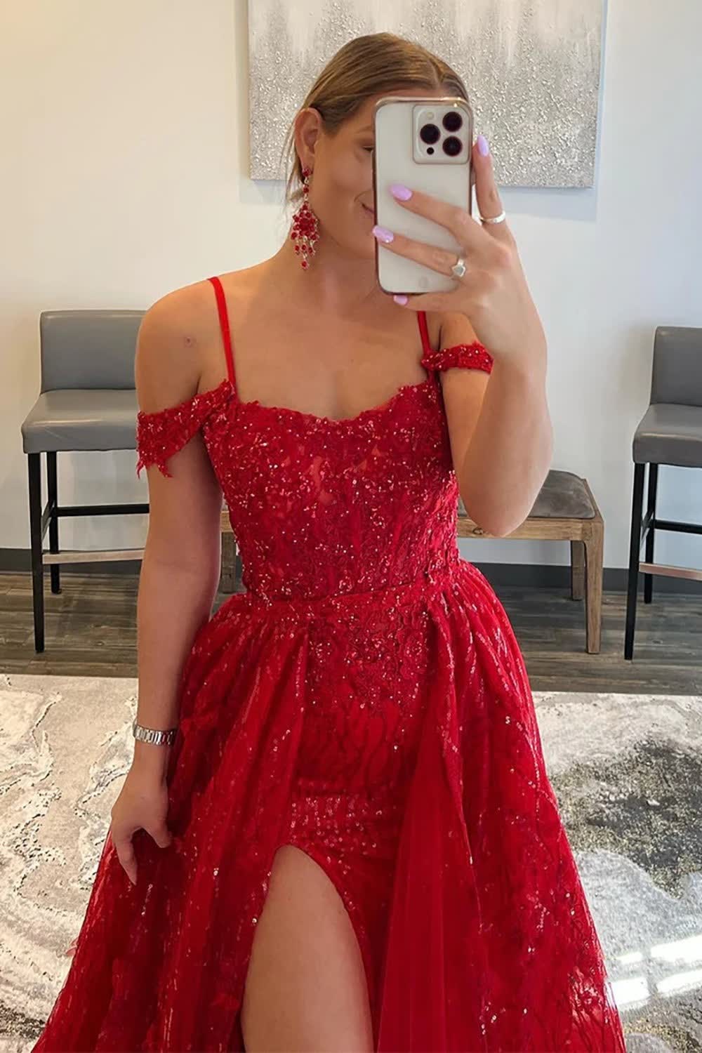 Sparkly Detachable Train Sequins Long Prom Dress with Slit