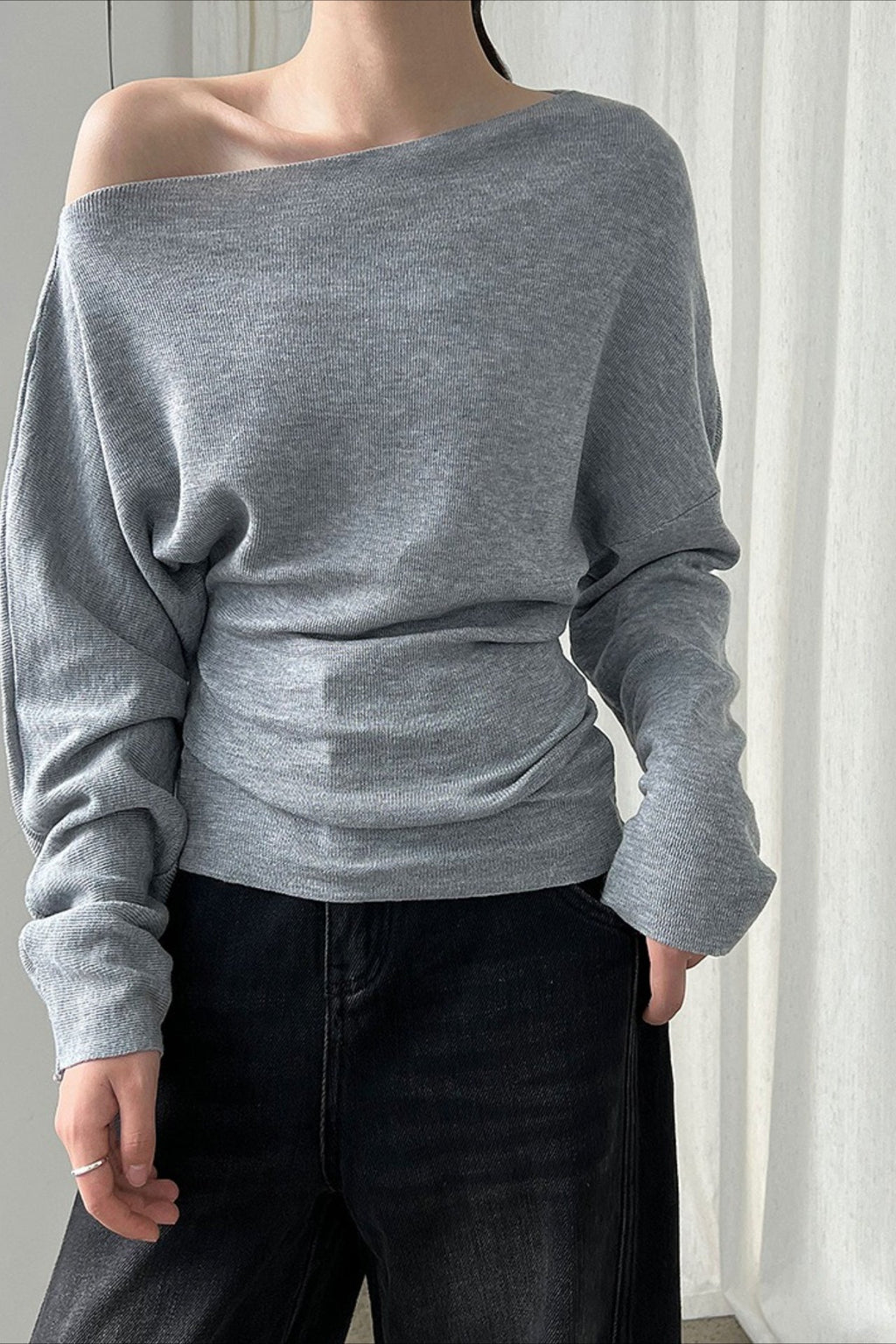 Waist Defining Asymmetric Shoulder Knit Top