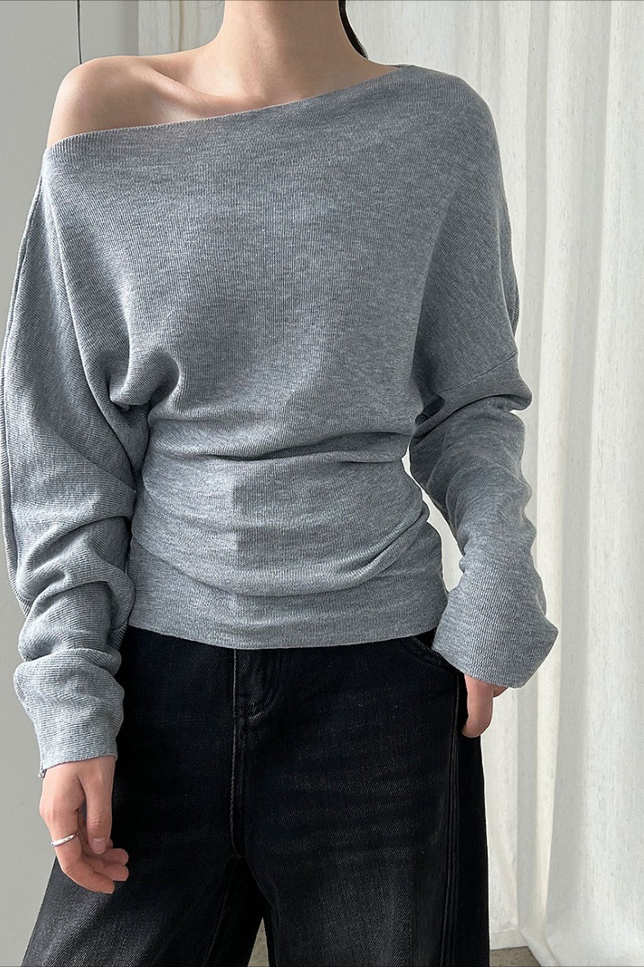 Waist Defining Asymmetric Shoulder Knit Top