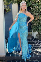 Meerjungfrauen-Abendkleid mit One-Shoulder-Ausschnitt, blau, Pailletten, lang, mit Schlitz vorne