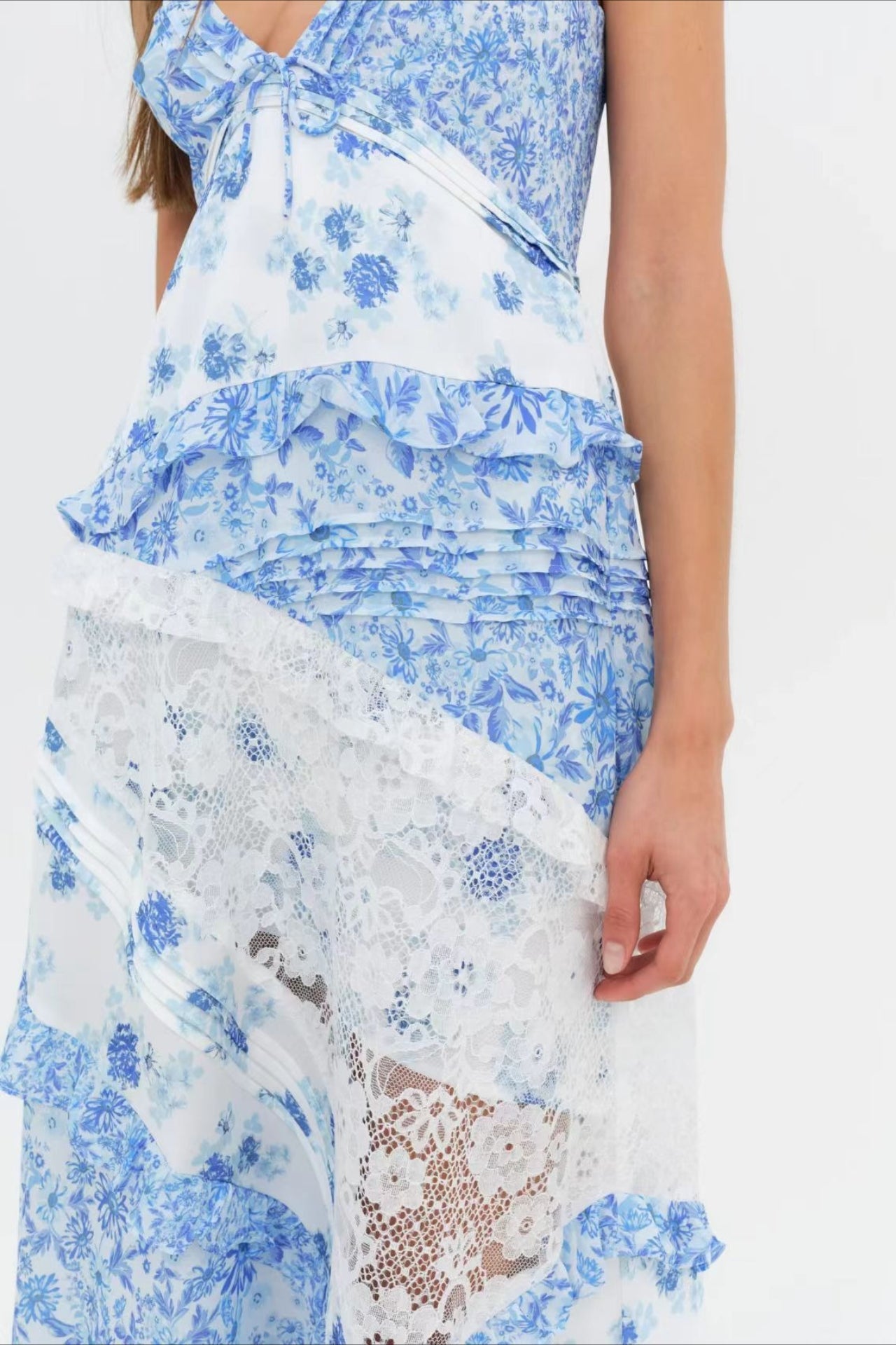 Deep V Ruffle Floral Lace Patchwork Cami Maxi Dress