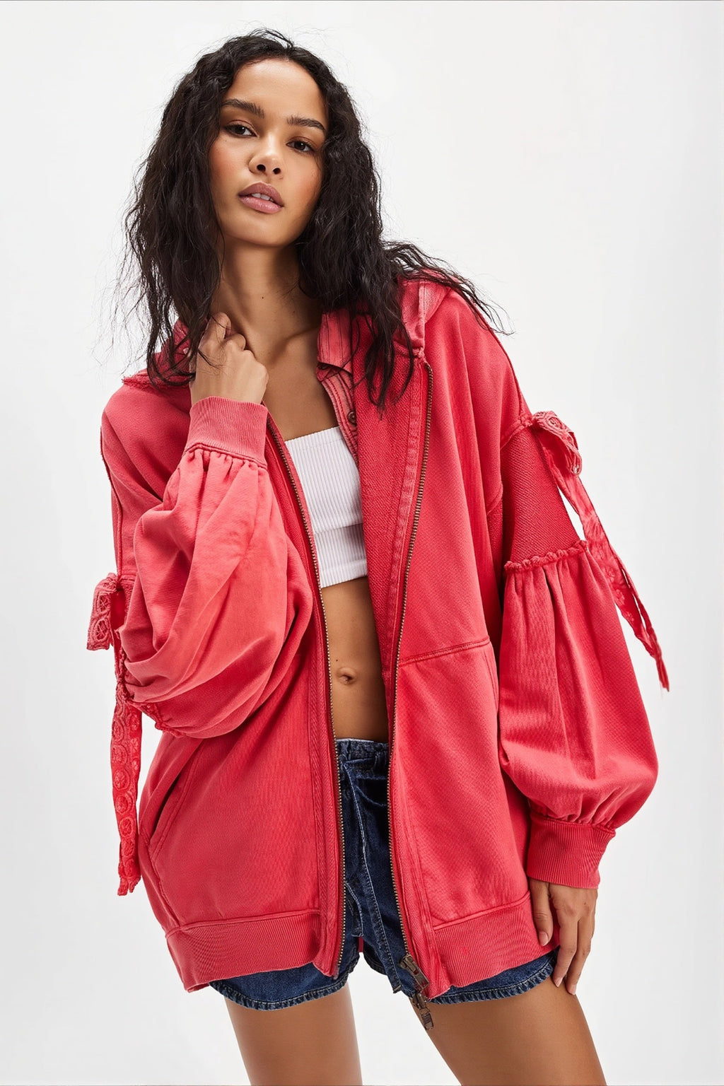 Oversized Lace Up Sleeve Zip Hoodie