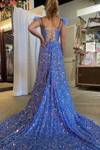A Line Spaghetti Straps Sequins Long Prom Dress with Feathers