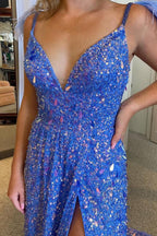 A Line Spaghetti Straps Sequins Long Prom Dress with Feathers