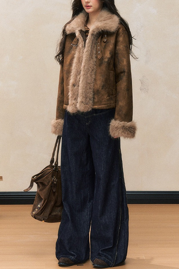 Brown Faux Fur Trim Wool Blend Coat