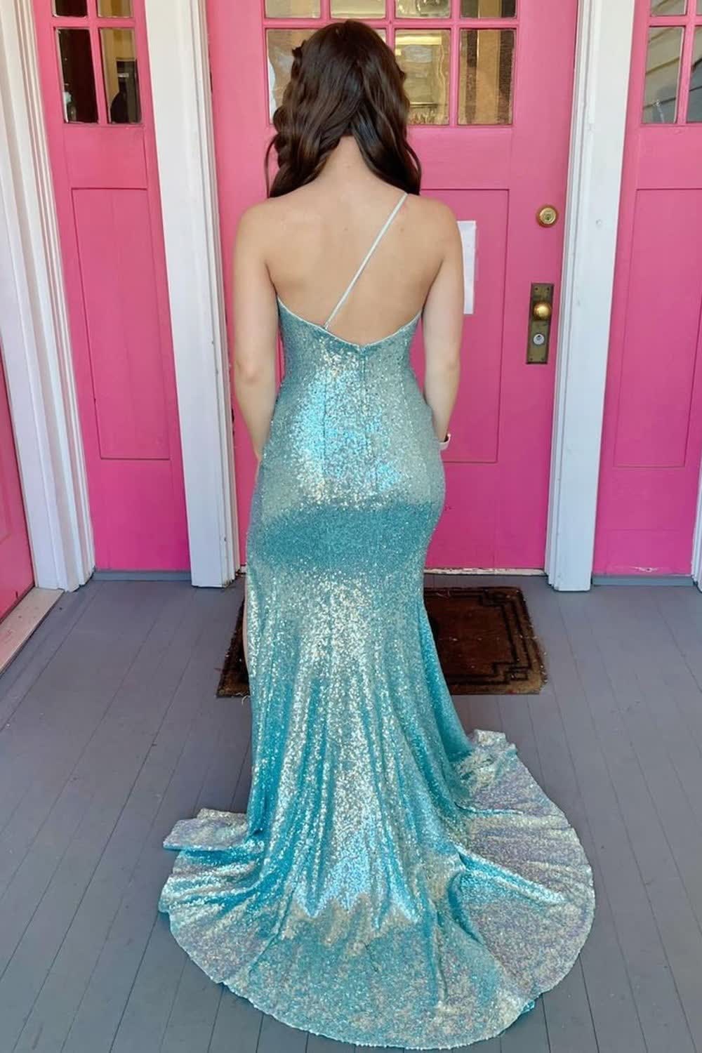 Paillettenbesetztes Meerjungfrauen-Abendkleid mit einem Träger und Schlitz