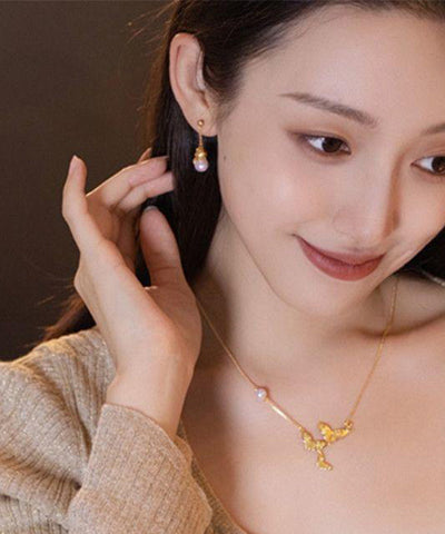 Chinese Style Gold Sterling Silver Overgild Pearl Little Cat Drop Earrings