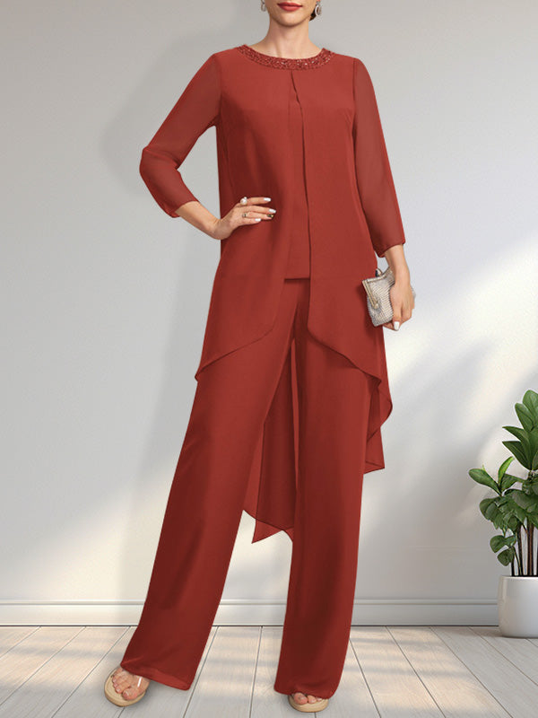 Zweiteiliger Jumpsuit/Hosenanzug, bodenlanges Chiffonkleid für die Mutter der Braut mit Paillettenbesatz und Rundhalsausschnitt.