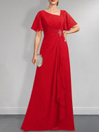 A-Linien-Kleid aus Chiffon in Bodenlänge mit asymmetrischem Schnitt, plissiert und mit Pailletten und Perlenstickerei