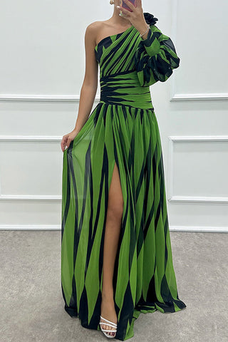 Meridress One Shoulder Waisted Slit Printed Maxi Dress