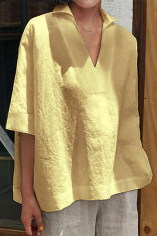 Meridress Oversized Lapel V Neck Half Sleeve Cotton Linen Shirt