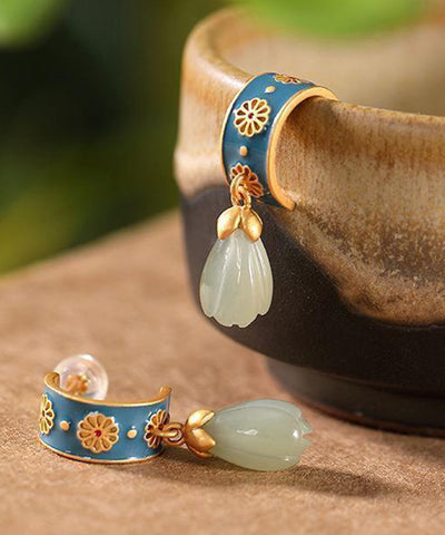 Chinese Style Blue Sterling Silver Overgild Inlaid Jade Floral Hoop Earrings