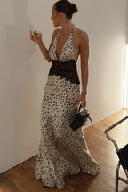 Sexy Dot Print Lace Insert Sheer Cami Maxi Dress