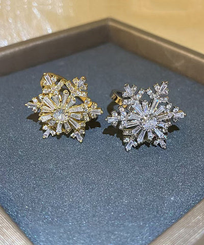 Elegante conjunto de dos anillos de copo de nieve de cobre y circonita 