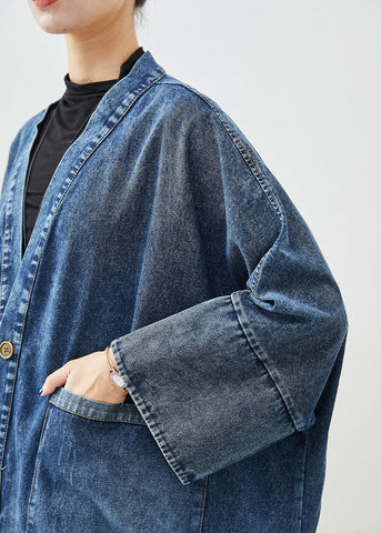 Gabardina vaquera azul bohemia con bolsillos extragrandes y mangas murciélago 